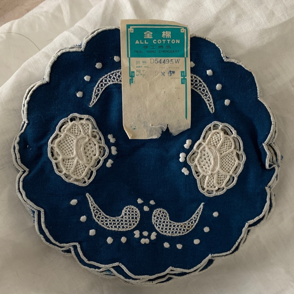 Blue vintage Embroidered Lace Doily all cotton  pack of 12